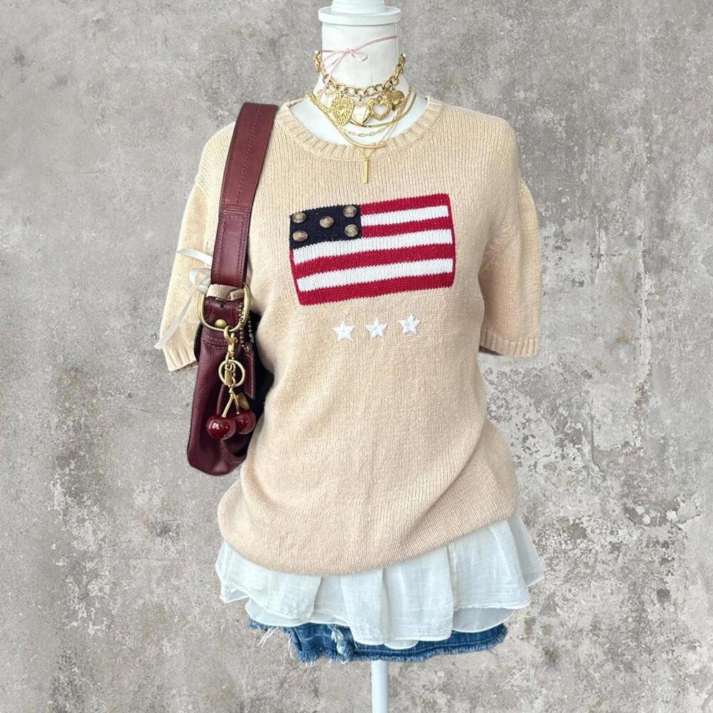 vintage cozy knit American flag sweater with buttons